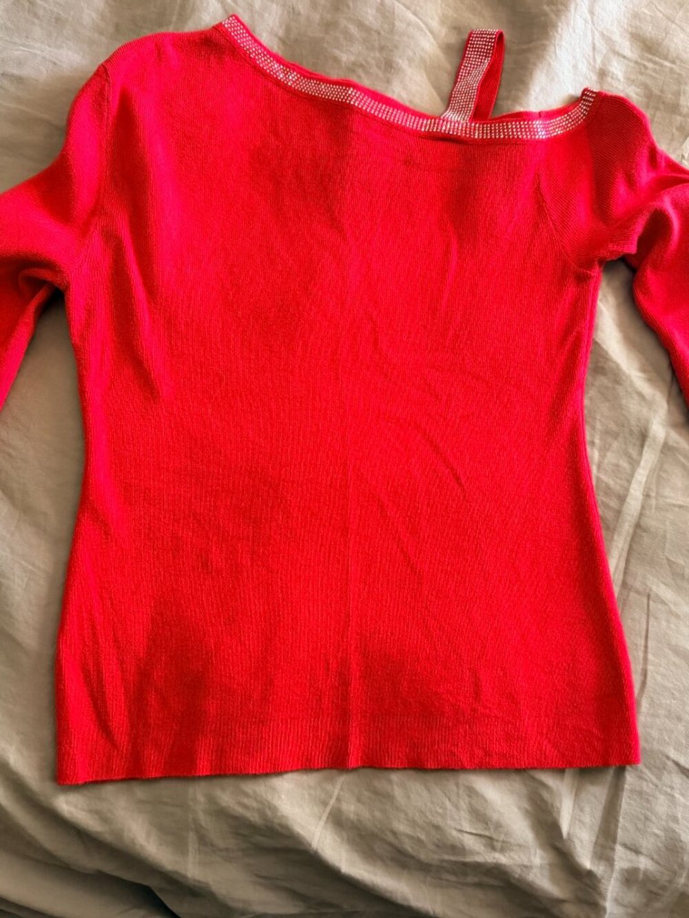 Red Rhinestone Embellished Long Sleeve Sweater Top, XL Holiday Glam